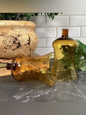 Pair Vintage Amber Honeycomb Swirled Glass Peg Votive Candle Cup Sconce Holder